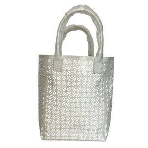 TORY BURCH White Off-White Laser Cut Designer Tote Shopper Pool Bag NWOT